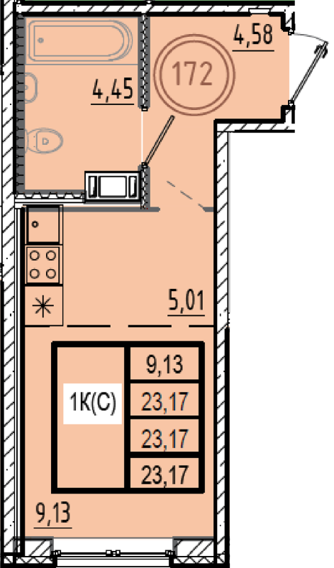 Квартира-студия, 23.17 м² в ЖК "Образцовый квартал 9.1" - планировка, фото №1