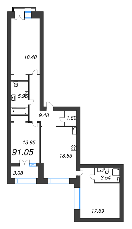 4-комнатная (Евро) квартира, 98.3 м² - планировка, фото №1