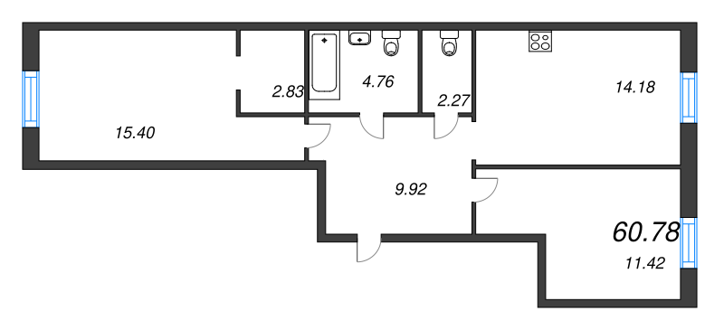 2-комнатная квартира, 60.78 м² - планировка, фото №1