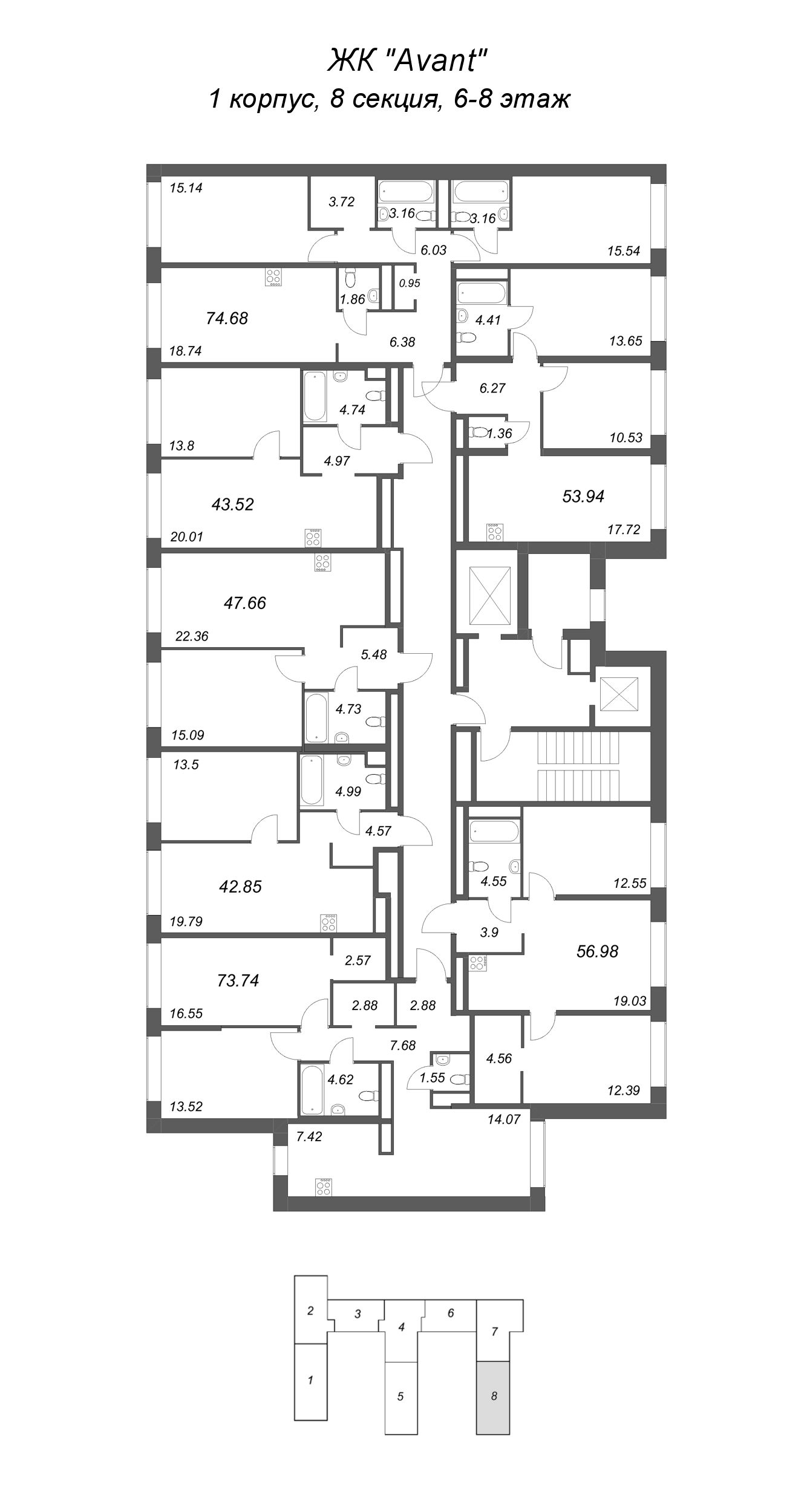 3-комнатная (Евро) квартира, 53.94 м² - планировка этажа