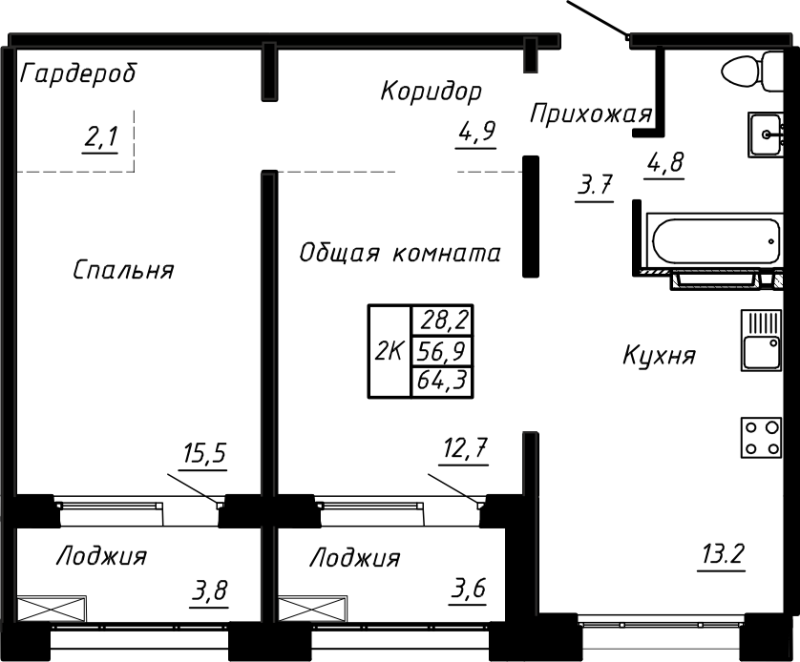 2-комнатная (Евро) квартира, 64.3 м² в ЖК "Сибирь" - планировка, фото №1