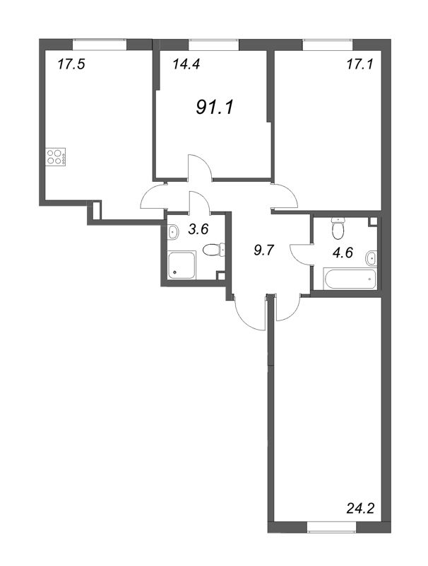 4-комнатная (Евро) квартира, 91.1 м² - планировка, фото №1