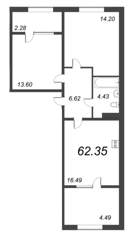 2-комнатная квартира, 62.35 м² в ЖК "Pixel" - планировка, фото №1