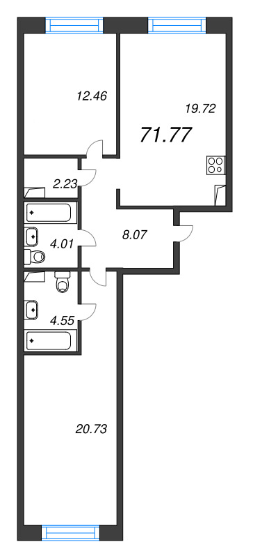 3-комнатная (Евро) квартира, 71.77 м² в ЖК "Остров Первых" - планировка, фото №1