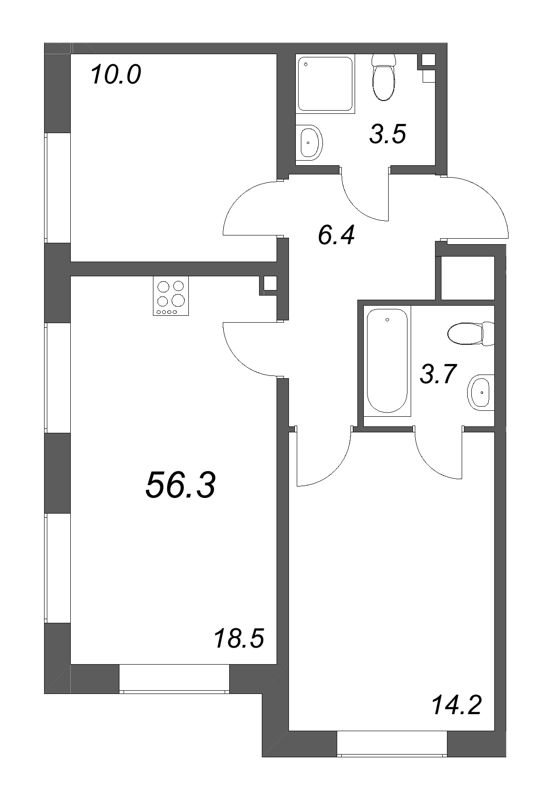 3-комнатная (Евро) квартира, 56.3 м² в ЖК "Пулково Lake" - планировка, фото №1