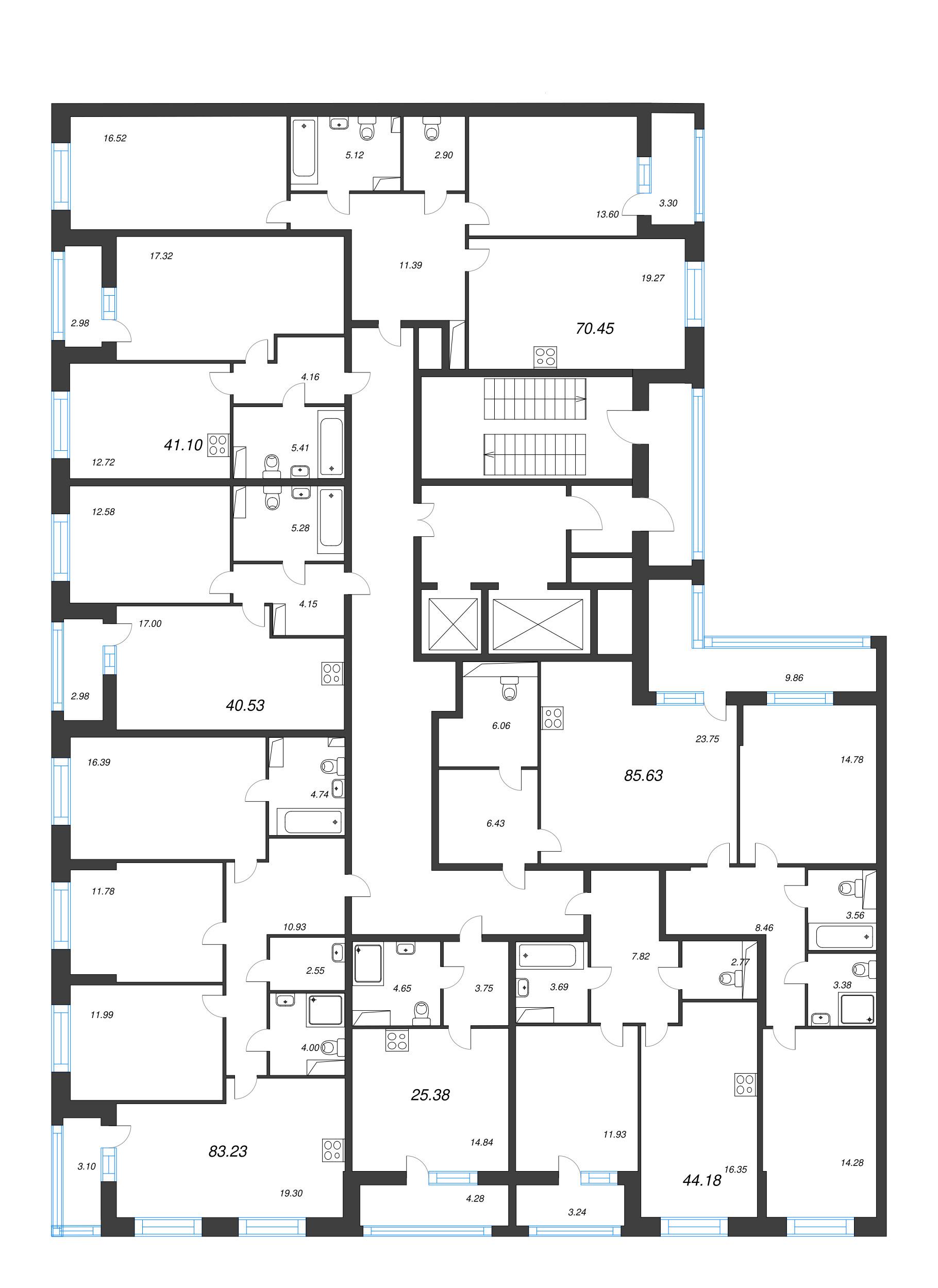 2-комнатная (Евро) квартира, 40.53 м² - планировка этажа