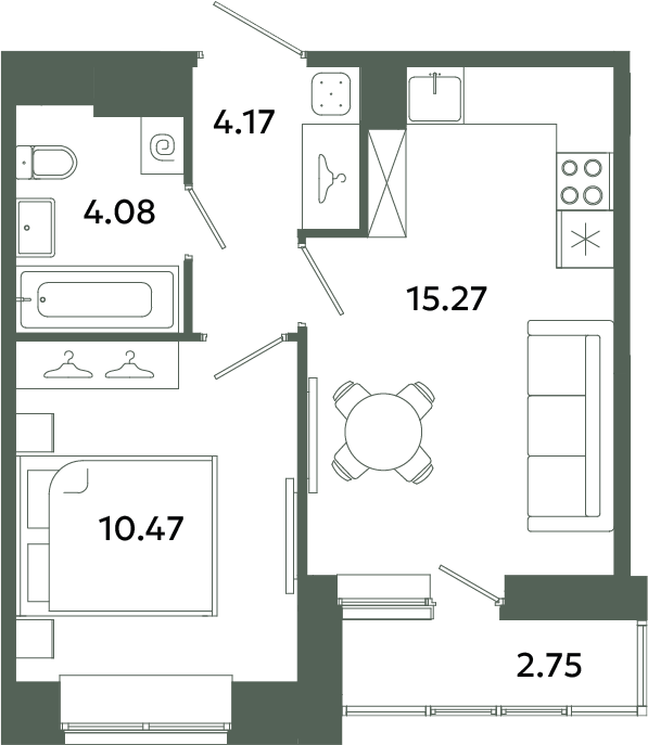 2-комнатная (Евро) квартира, 35.37 м² в ЖК "Загляденье" - планировка, фото №1