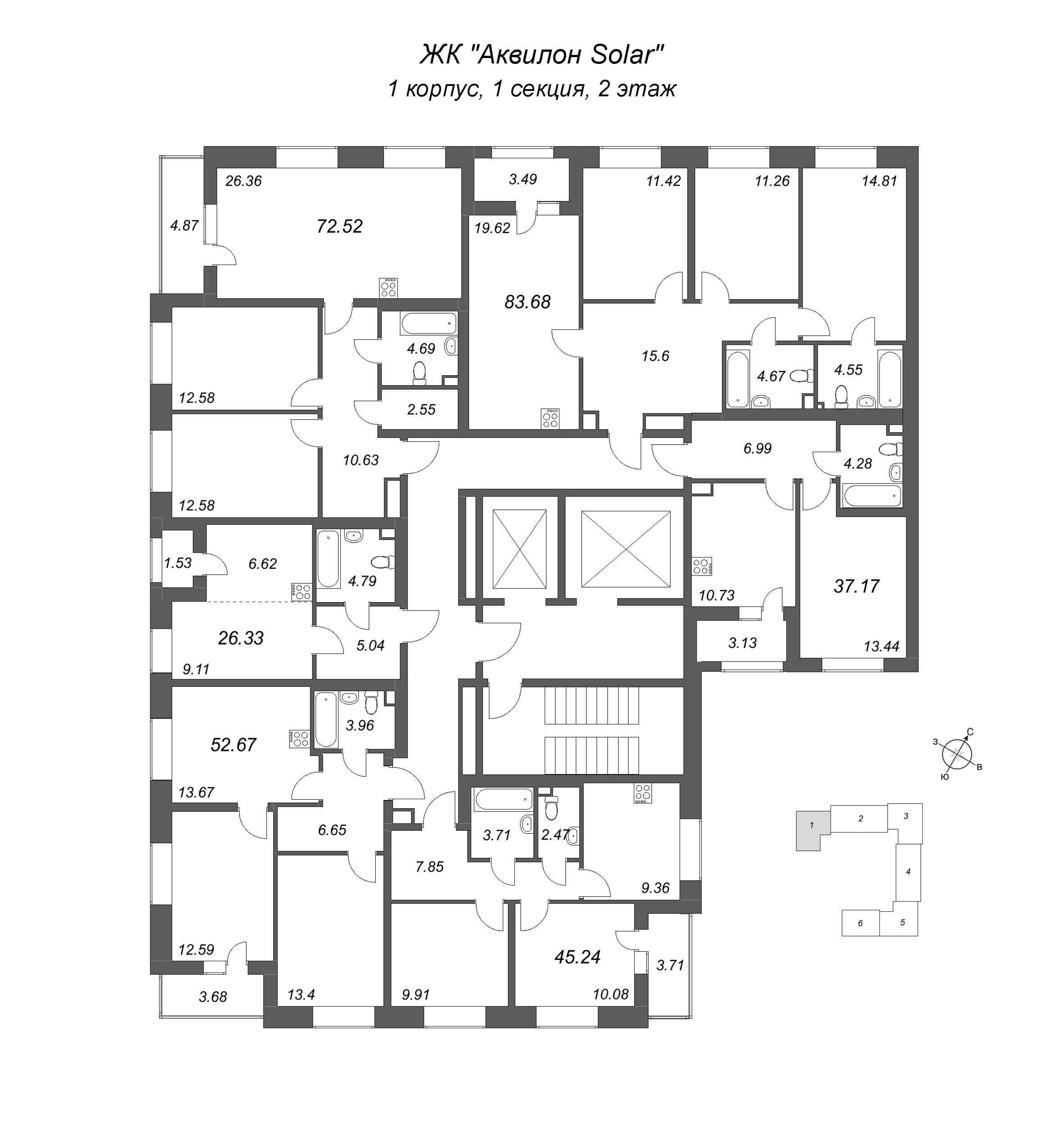 1-комнатная квартира, 37.17 м² в ЖК "Аквилон Солар" - планировка этажа