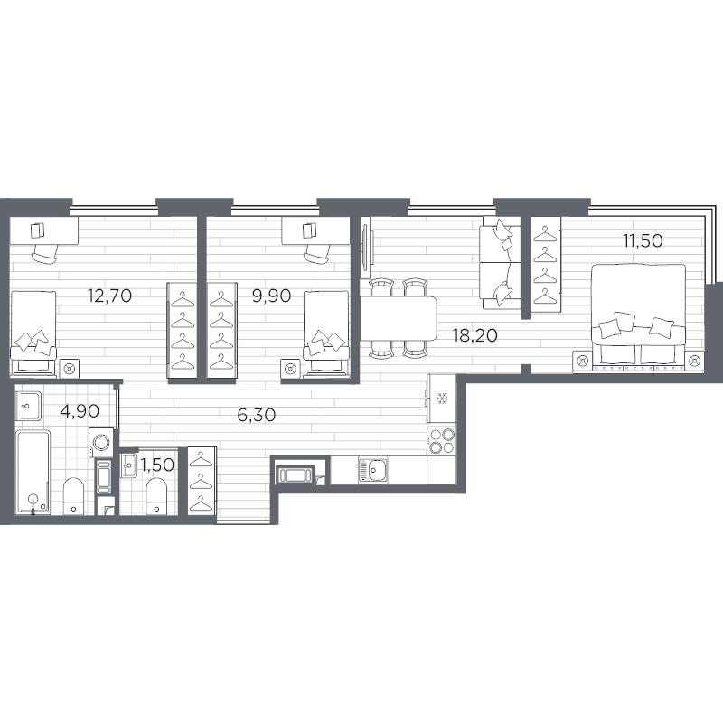 4-комнатная (Евро) квартира, 65 м² в ЖК "PLUS Пулковский" - планировка, фото №1