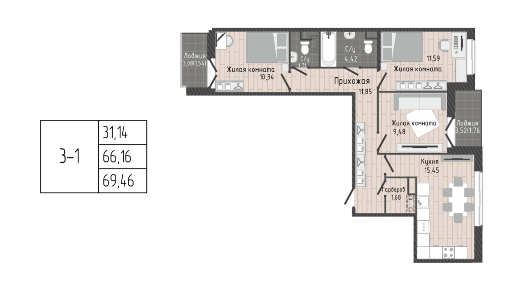 4-комнатная (Евро) квартира, 69.51 м² - планировка, фото №1