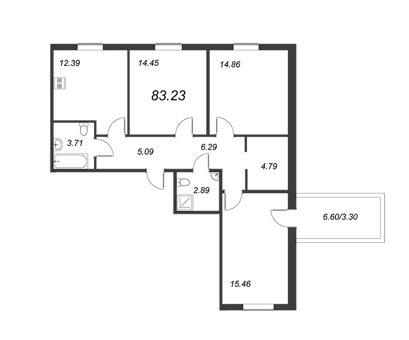 3-комнатная квартира, 79.93 м² в ЖК "Юттери" - планировка, фото №1