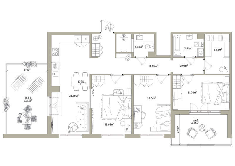 4-комнатная (Евро) квартира, 97.68 м² в ЖК "Тишин" - планировка, фото №1