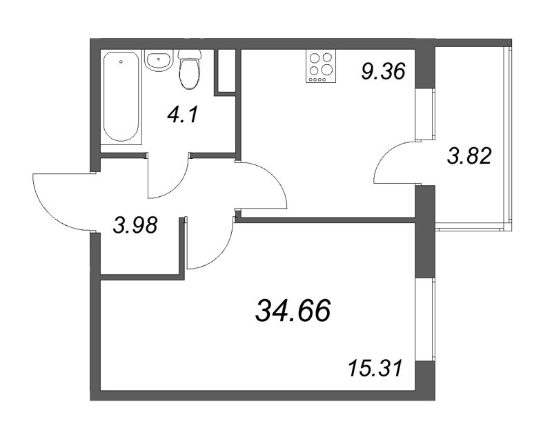 1-комнатная квартира, 34.66 м² в ЖК "Новая история" - планировка, фото №1