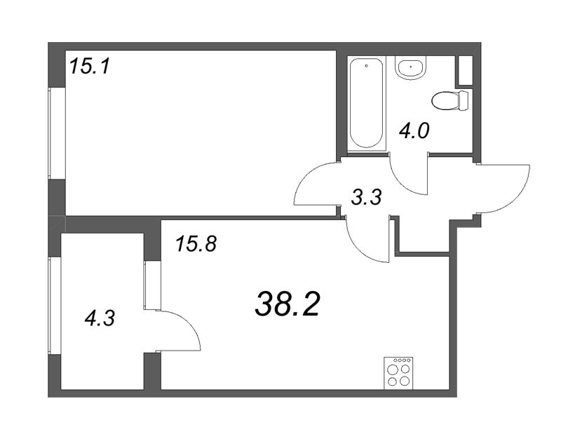 2-комнатная (Евро) квартира, 38.2 м² - планировка, фото №1