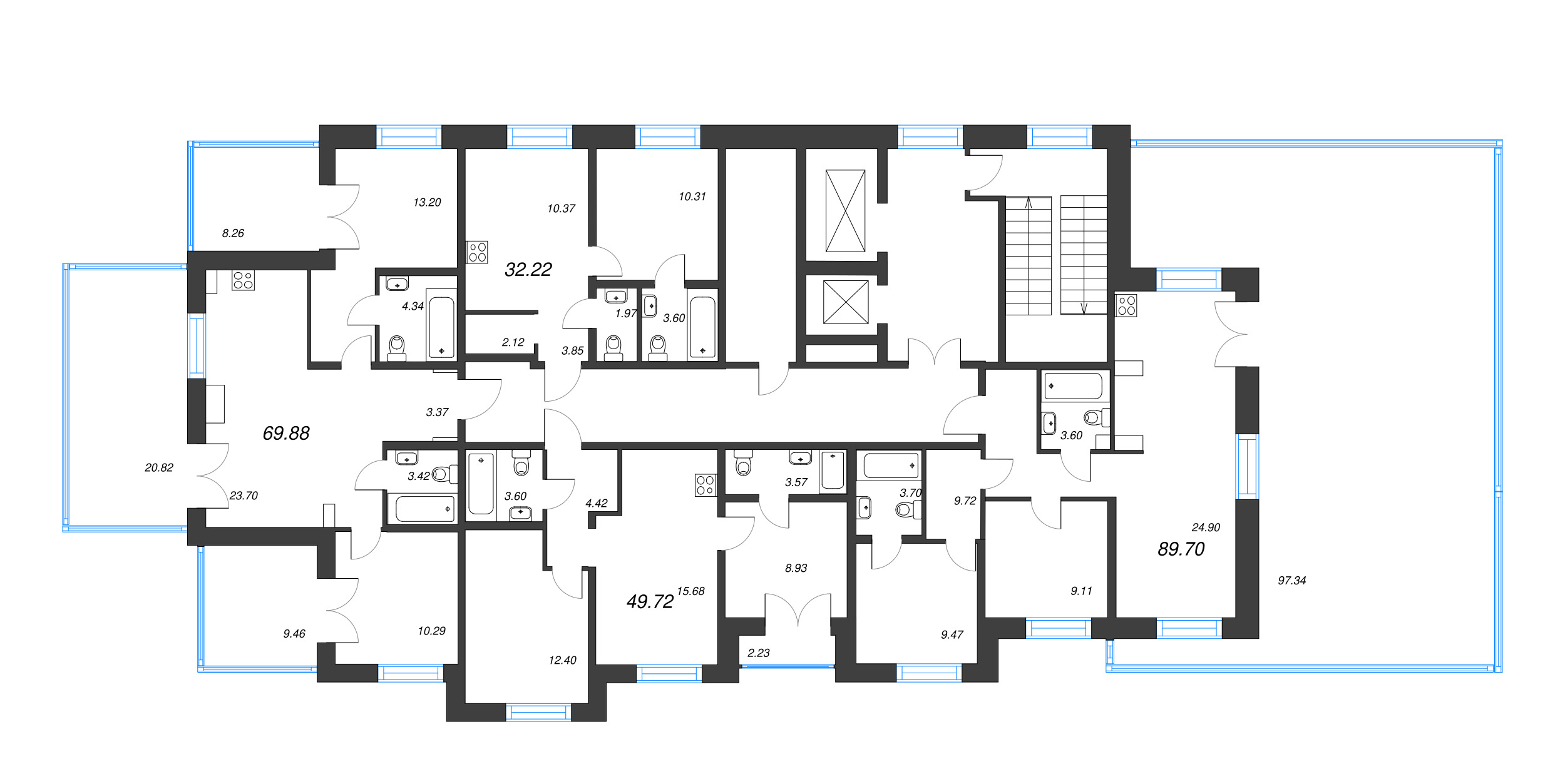 3-комнатная (Евро) квартира, 49.72 м² в ЖК "Alpen" - планировка этажа