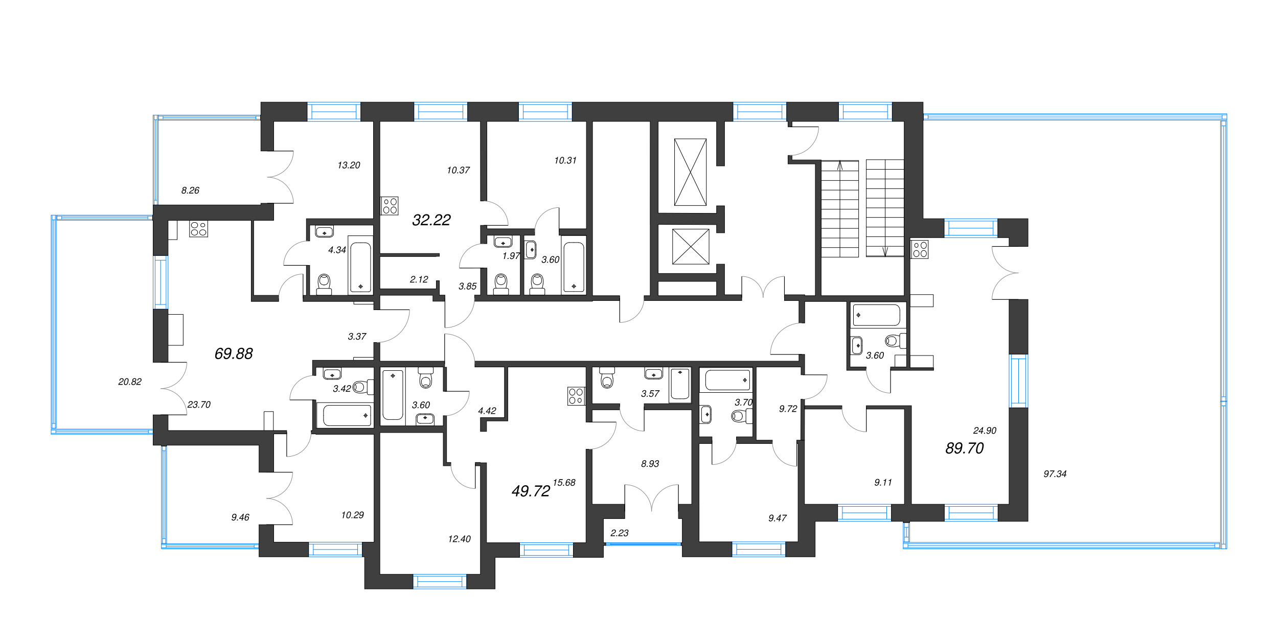 3-комнатная (Евро) квартира, 69.88 м² в ЖК "Alpen" - планировка этажа