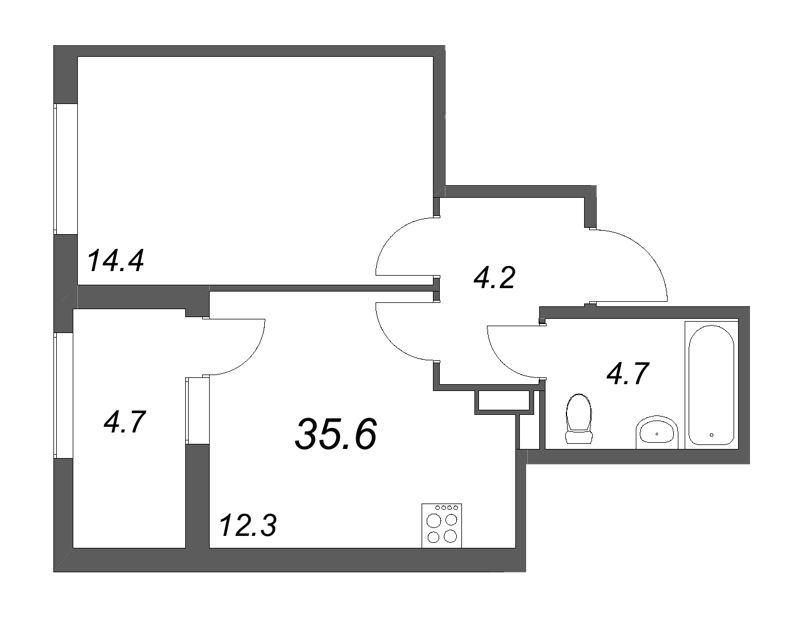 1-комнатная квартира, 35.6 м² - планировка, фото №1