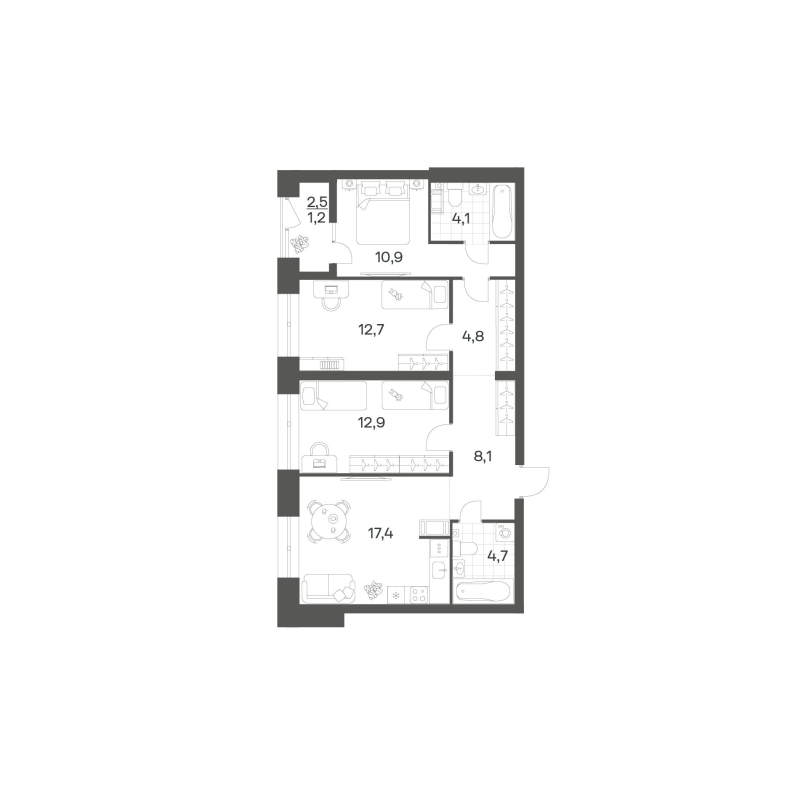 4-комнатная (Евро) квартира, 76.89 м² в ЖК "Новый Питер" - планировка, фото №1