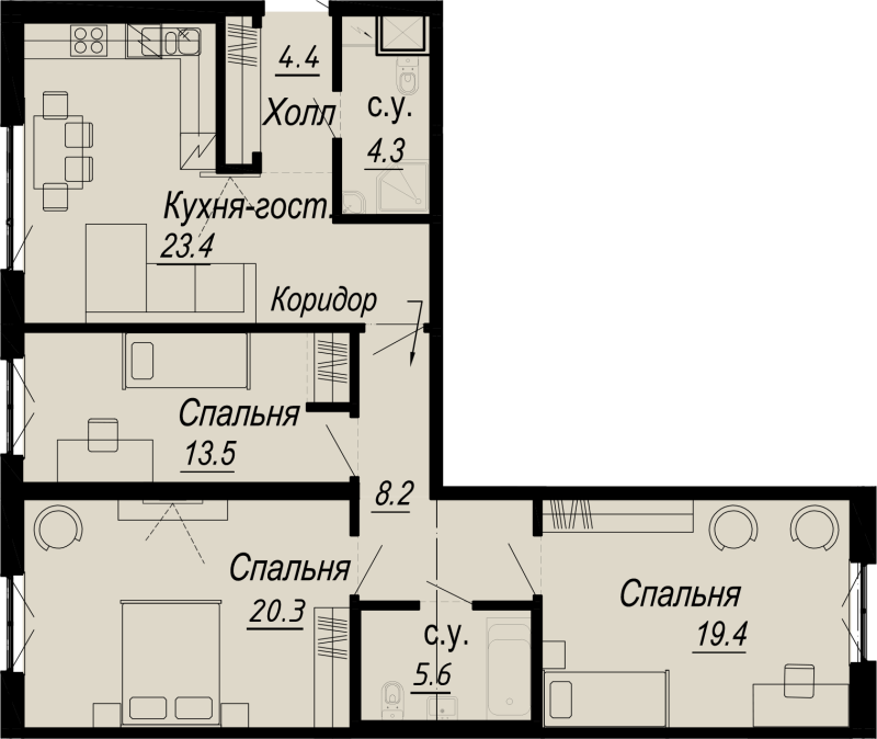 3-комнатная квартира, 99.1 м² - планировка, фото №1