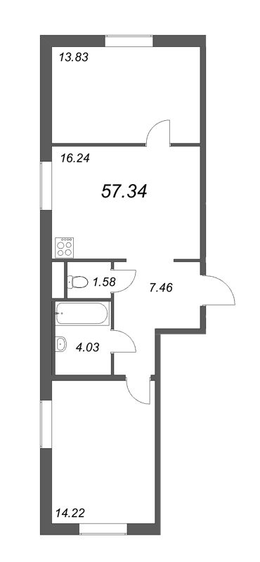 3-комнатная (Евро) квартира, 57.34 м² - планировка, фото №1
