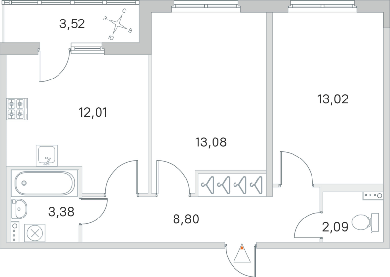 2-комнатная квартира, 52.38 м² в ЖК "Любоград" - планировка, фото №1