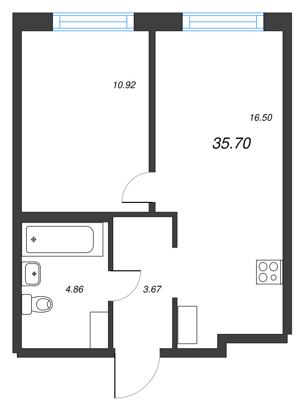 2-комнатная (Евро) квартира, 35.7 м² - планировка, фото №1