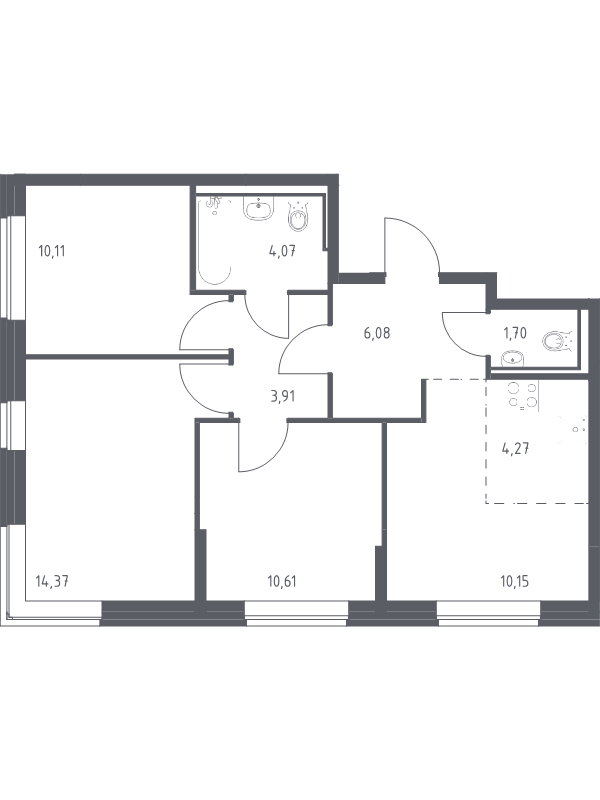 3-комнатная квартира, 65.27 м² в ЖК "Живи! В Рыбацком" - планировка, фото №1