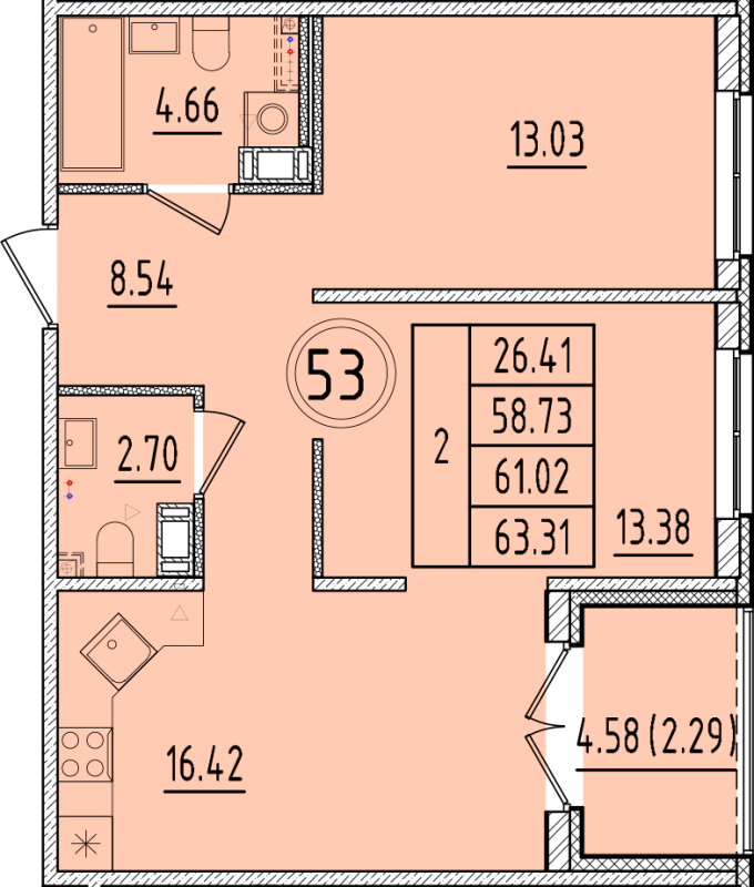 3-комнатная (Евро) квартира, 58.73 м² - планировка, фото №1