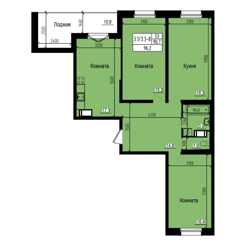 3-комнатная квартира, 96.2 м² - планировка, фото №1