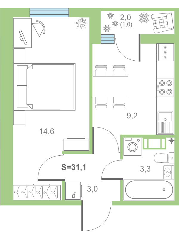 1-комнатная квартира, 31.5 м² - планировка, фото №1