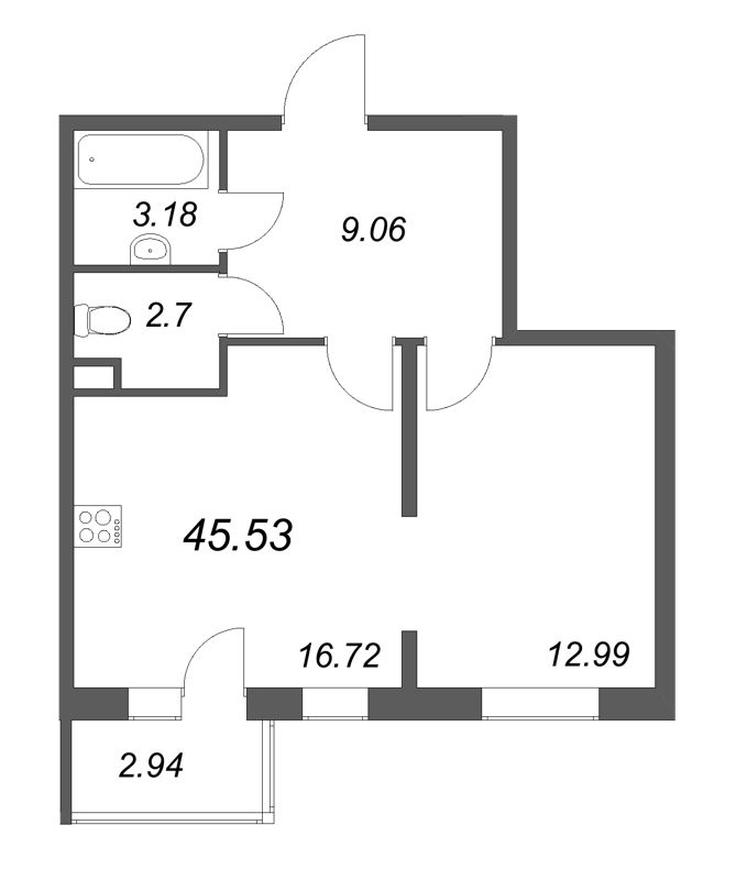 2-комнатная (Евро) квартира, 45.53 м² в ЖК "Новая история" - планировка, фото №1