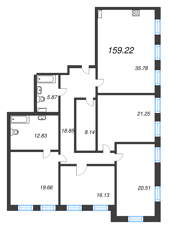 5-комнатная (Евро) квартира, 159.3 м² - планировка, фото №1