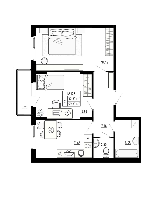 2-комнатная квартира, 59.37 м² в ЖК "Аннино Сити" - планировка, фото №1