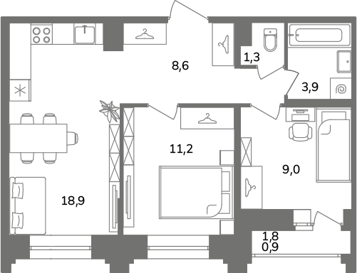3-комнатная (Евро) квартира, 53.8 м² в ЖК "Антверпен" - планировка, фото №1