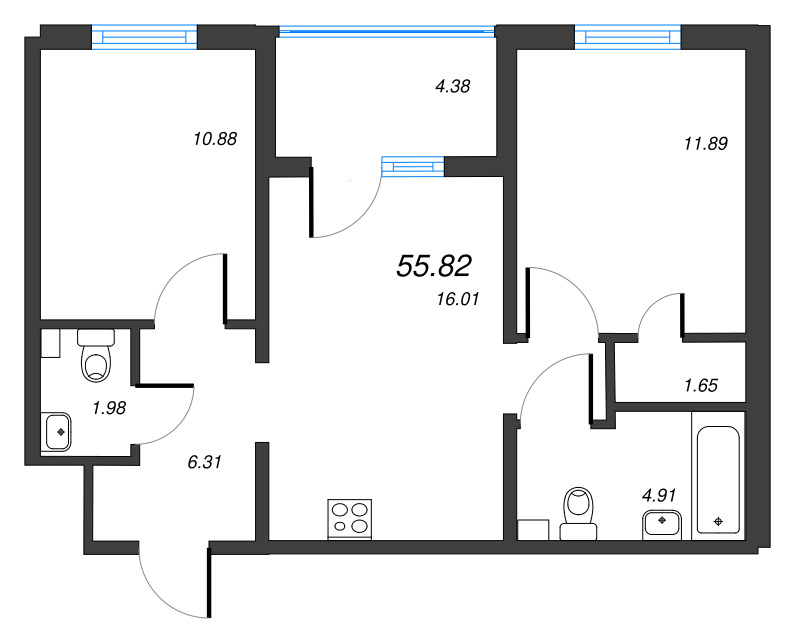 3-комнатная (Евро) квартира, 55.82 м² в ЖК "ЛесArt" - планировка, фото №1