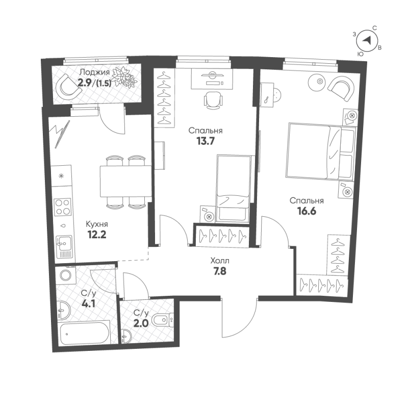 2-комнатная квартира, 57.9 м² в ЖК "Ягодное Река Парк" - планировка, фото №1