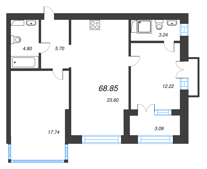 3-комнатная (Евро) квартира, 71.7 м² в ЖК "Наука" - планировка, фото №1