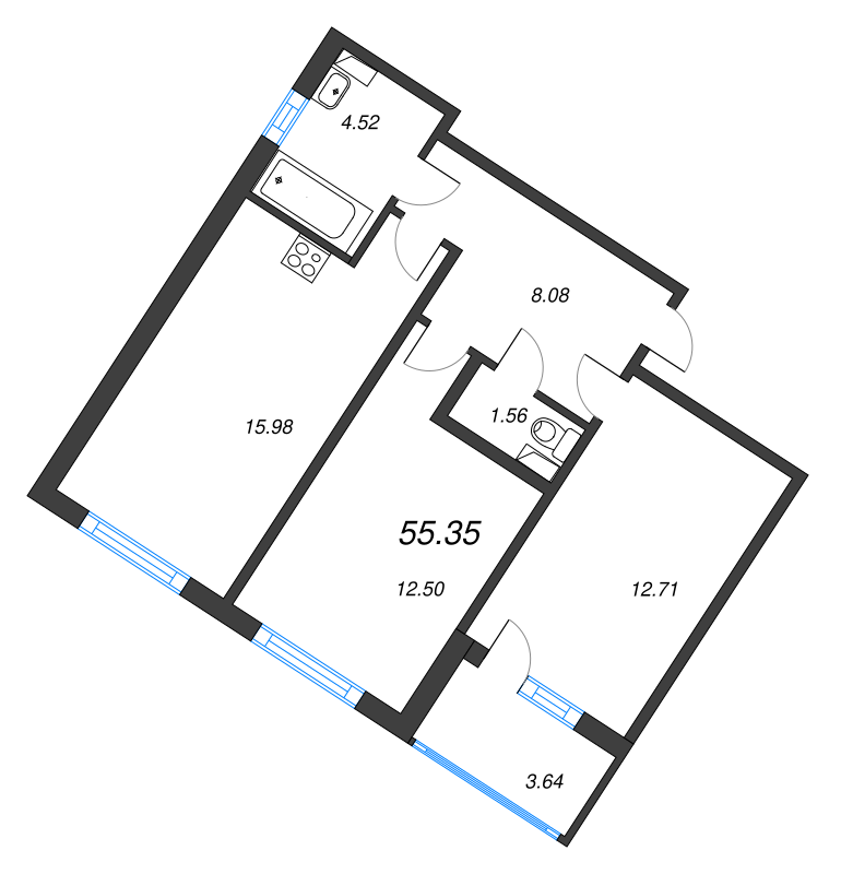 3-комнатная (Евро) квартира, 55.35 м² в ЖК "Любоград" - планировка, фото №1