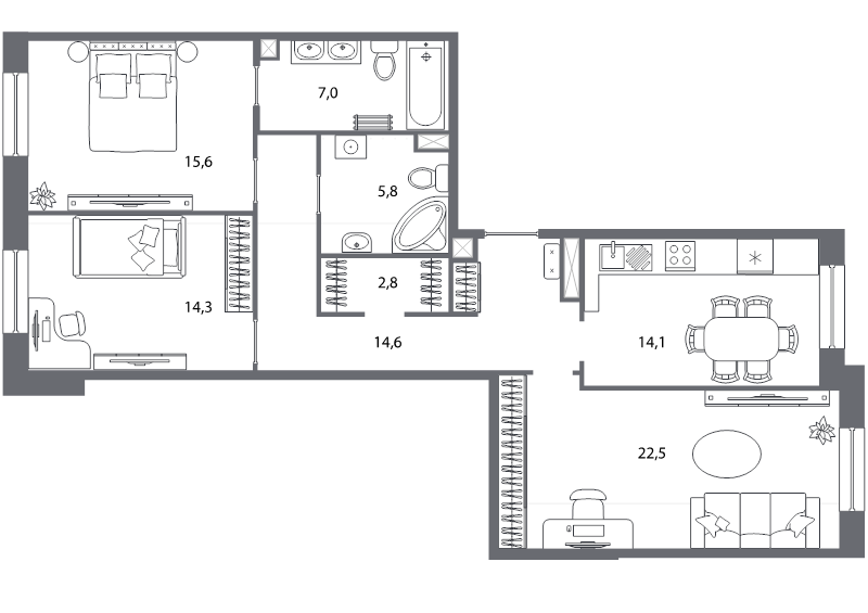 3-комнатная квартира, 96.7 м² - планировка, фото №1