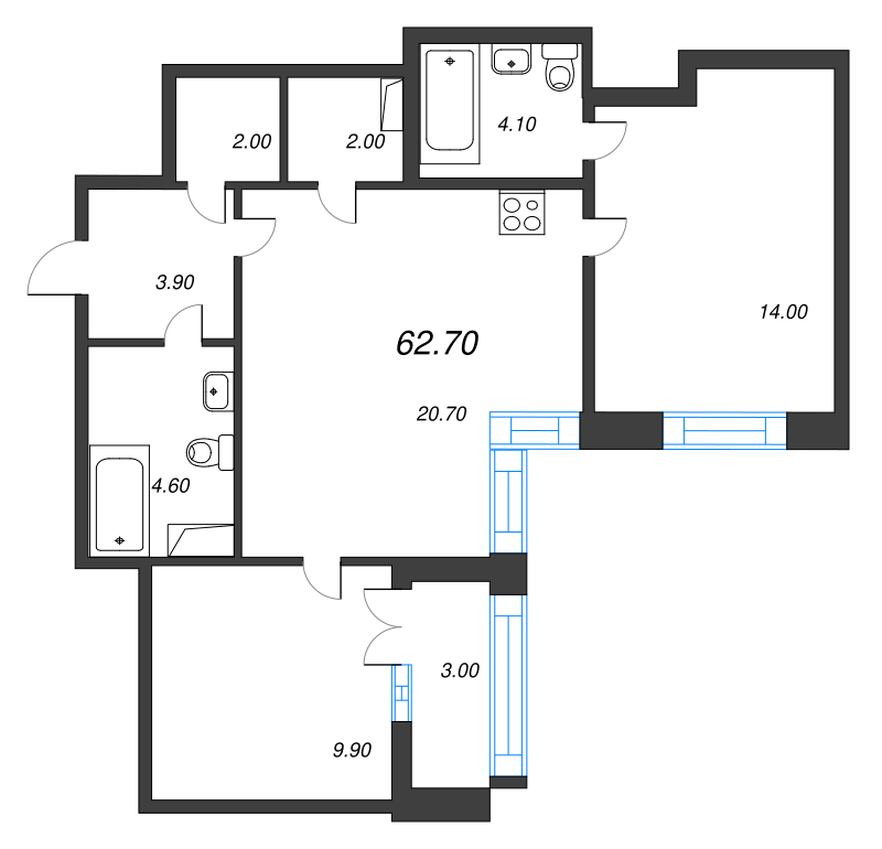 2-комнатная квартира, 62.7 м² - планировка, фото №1