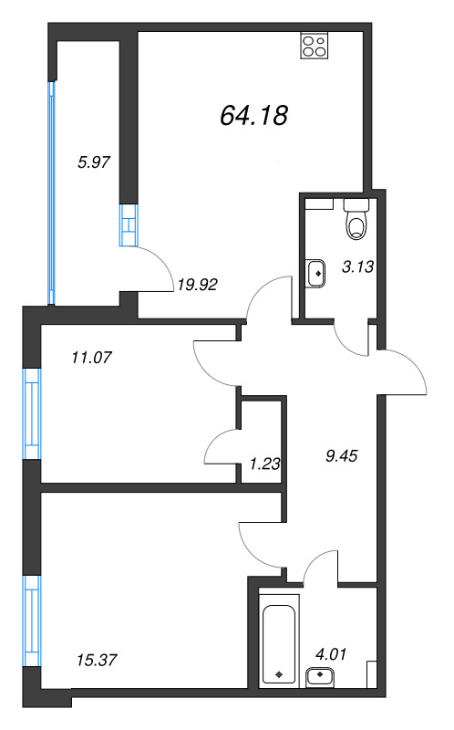 3-комнатная (Евро) квартира, 64.18 м² - планировка, фото №1