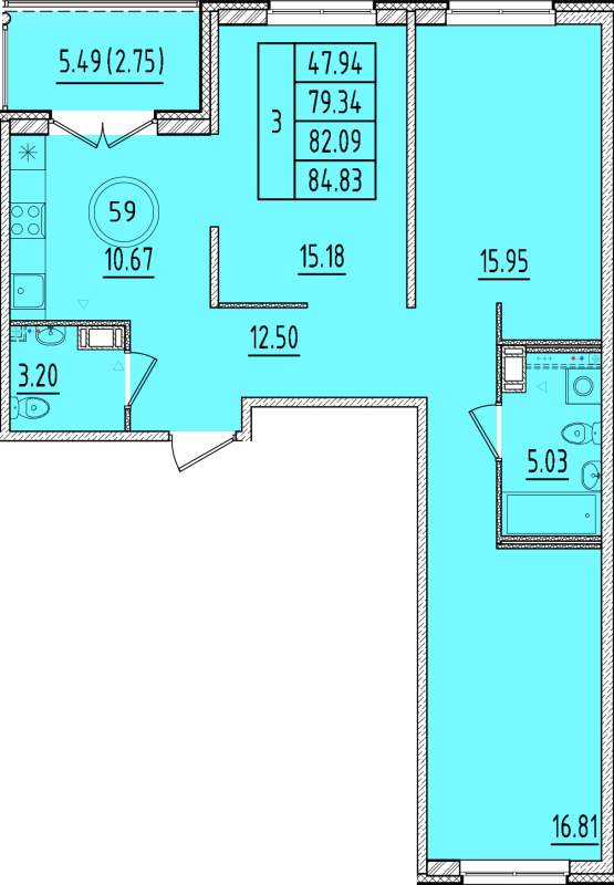 3-комнатная квартира, 79.34 м² - планировка, фото №1