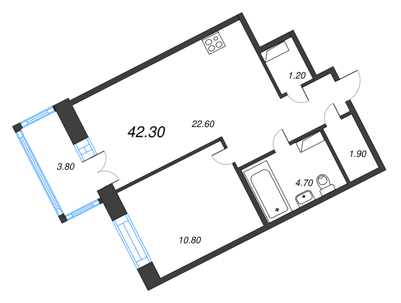 1-комнатная квартира, 42.3 м² - планировка, фото №1