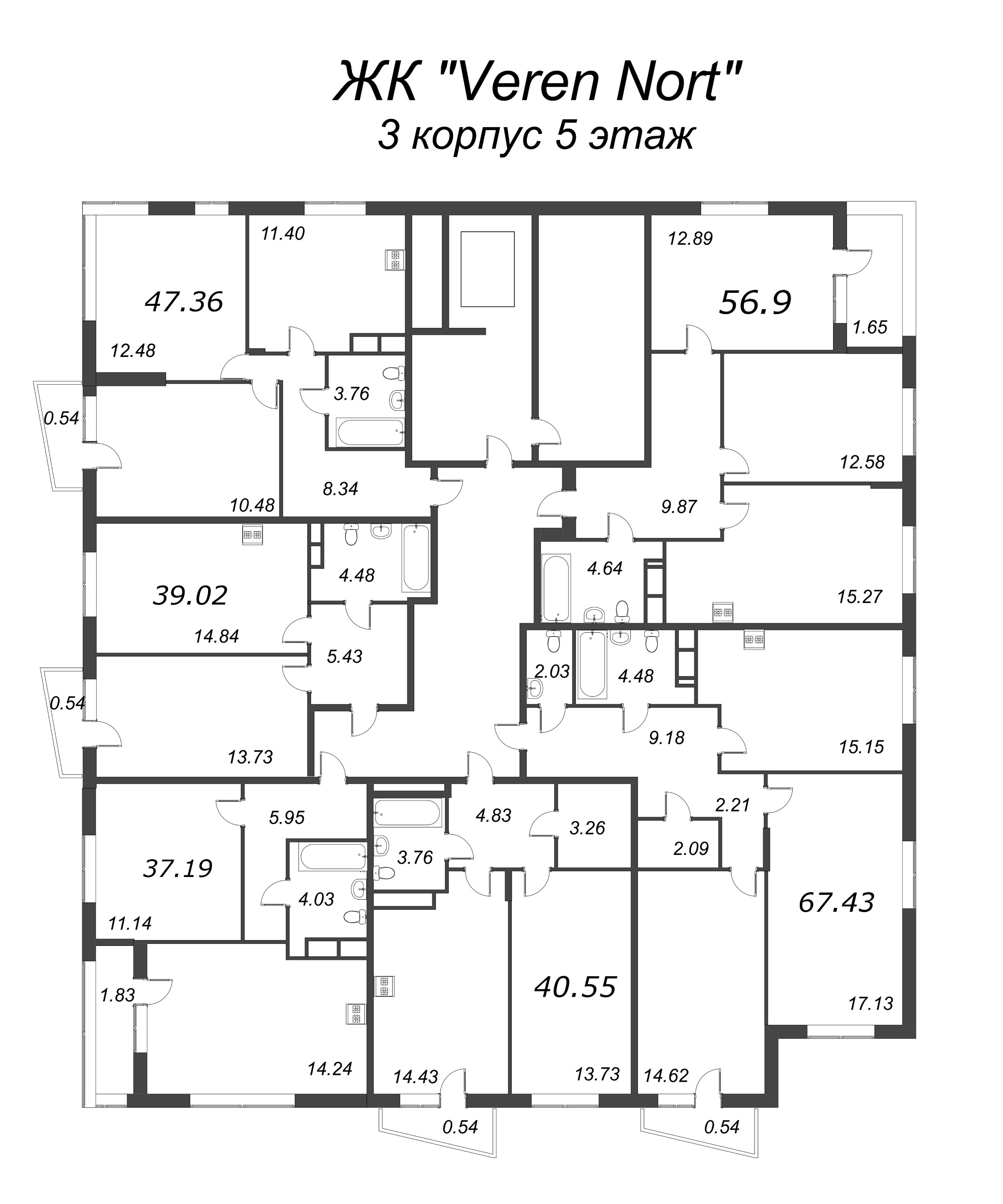 2-комнатная квартира, 47.36 м² в ЖК "VEREN NORT сертолово" - планировка этажа