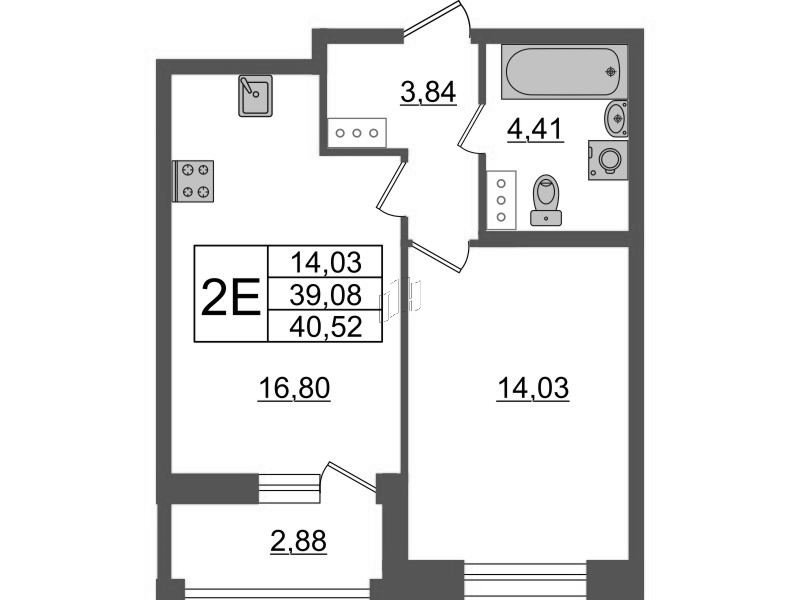 2-комнатная (Евро) квартира, 40.52 м² - планировка, фото №1
