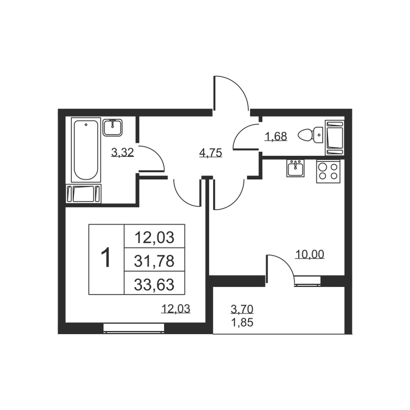 1-комнатная квартира, 33.63 м² в ЖК "Высота" - планировка, фото №1