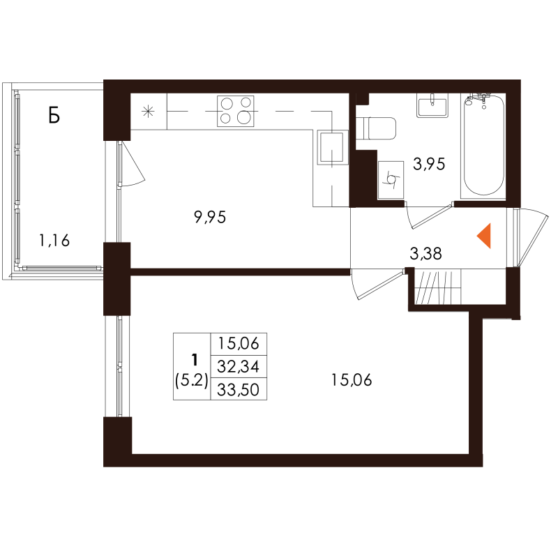 1-комнатная квартира, 33.5 м² в ЖК "Лисино" - планировка, фото №1