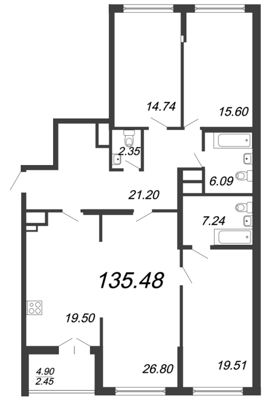 4-комнатная квартира, 134.6 м² - планировка, фото №1
