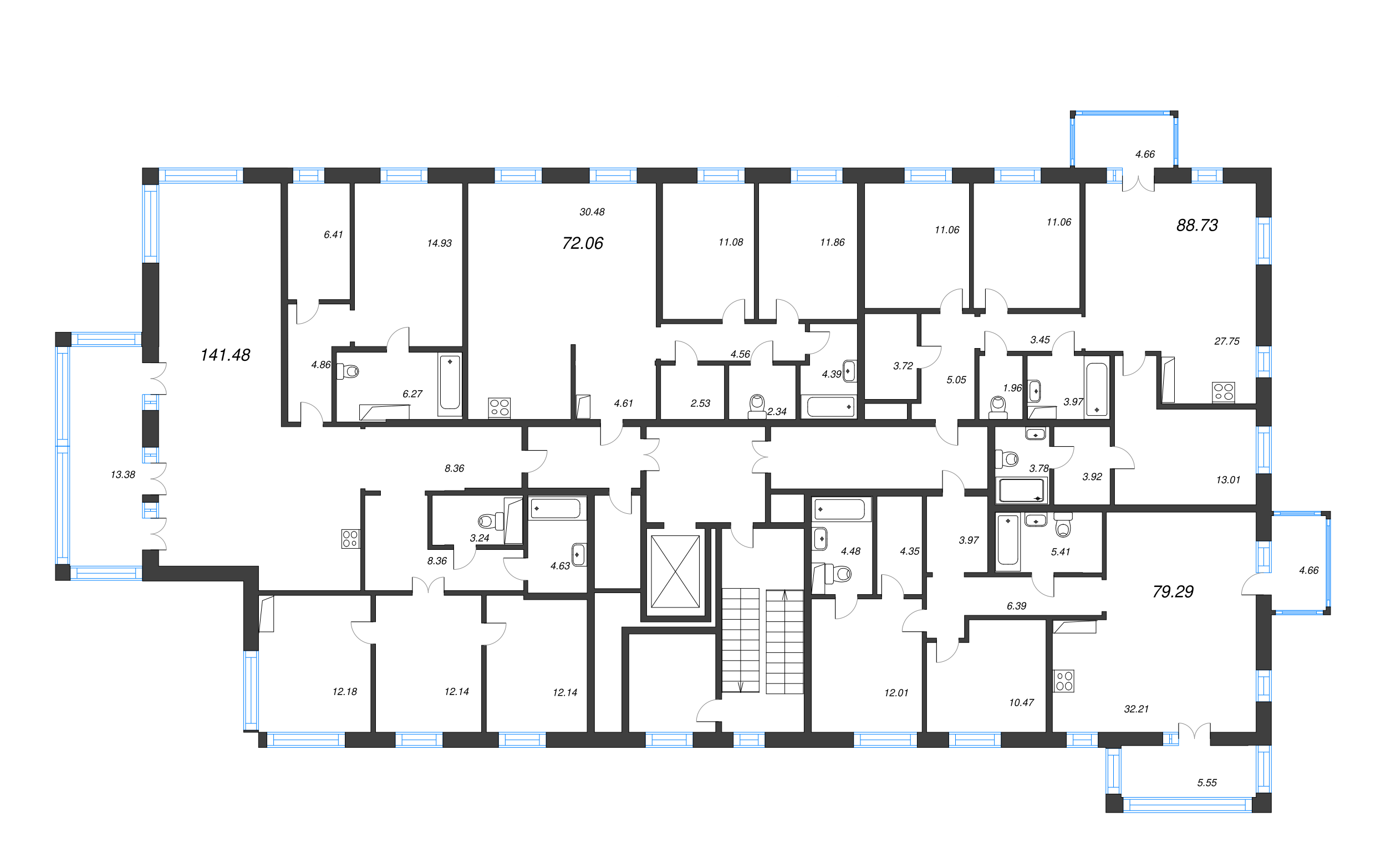 4-комнатная (Евро) квартира, 88.73 м² - планировка этажа