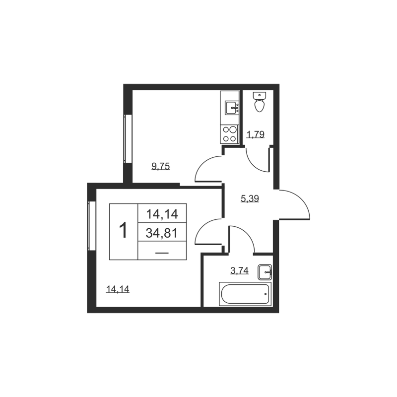1-комнатная квартира, 34.81 м² в ЖК "Высота" - планировка, фото №1